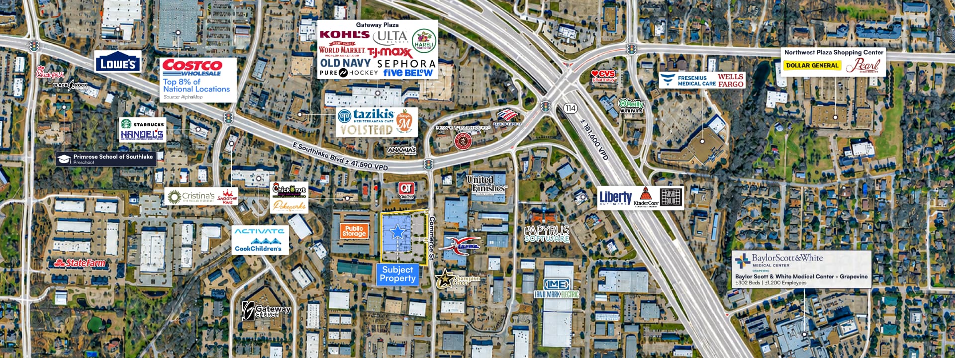 Aerial trade area map of Southlake Commons and the surrounding retail corridor